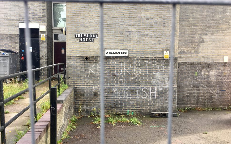 Truslove house with 'refurbish don't demolish' in graffiti