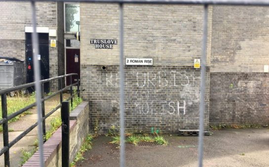 Truslove house with 'refurbish don't demolish' in graffiti