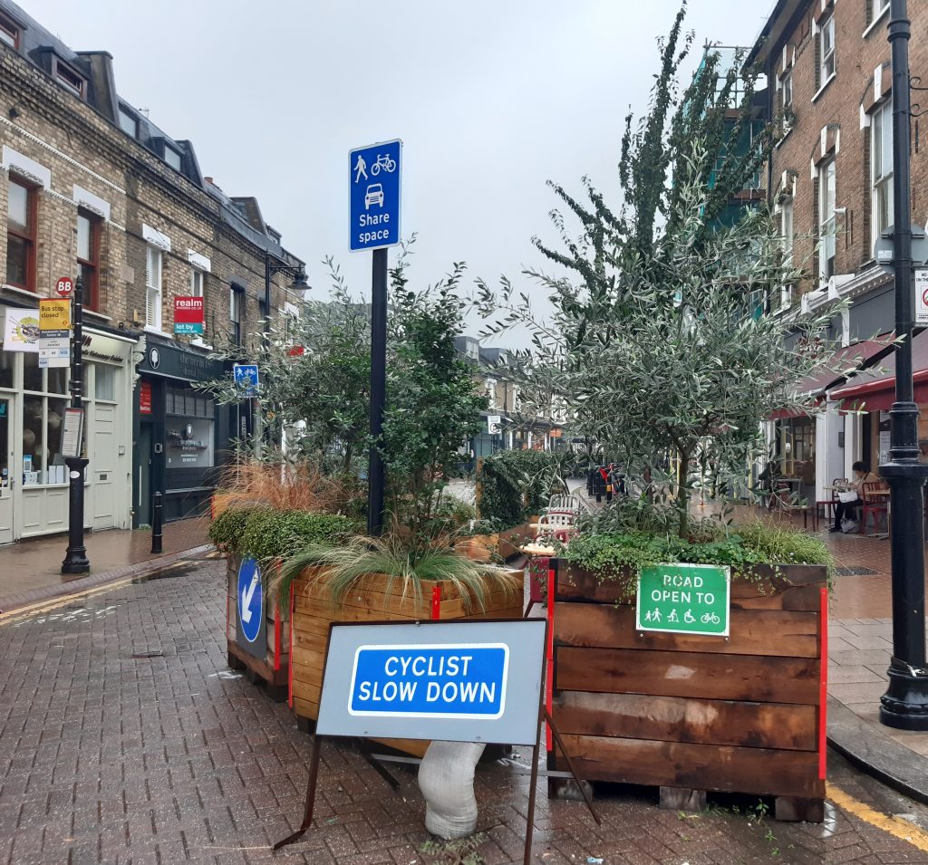 Temporary street furniture and pedestrianisation signs block Old York Road