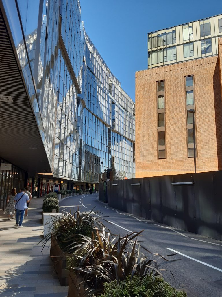 A swanky street that curves round Battersea Power Station