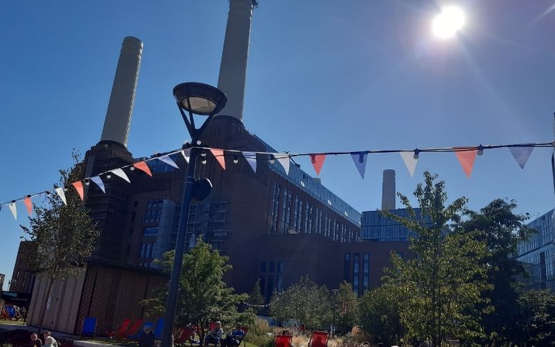 Sunny Battersea Power Station with bunting