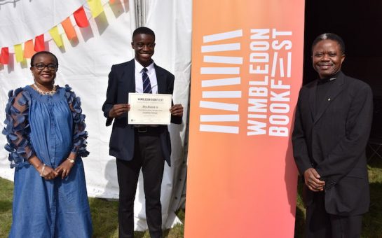 Winner of the Young Writers' Competition Jonathan Esenga, 14, with has mother Yvonne Esenga, 49, and his father, Eky Esenga, 60