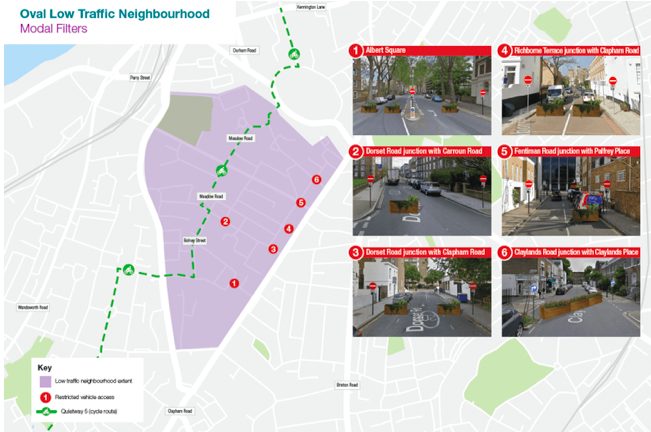 A map of the locations of the Oval-Stockwell LTN roadblocks 