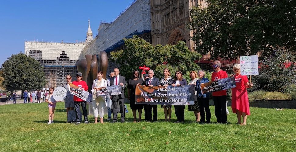 Anti-third runway campaigners protesting outside parliament