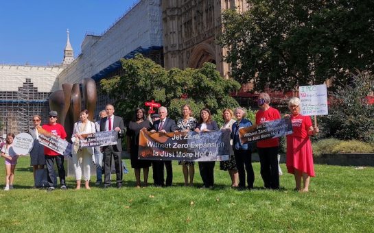 Anti-third runway campaigners protesting outside parliament