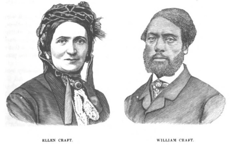 Black and white illustration of Ellen and William Craft, Ellen wearing a bonnet and William wearing a suit and tie