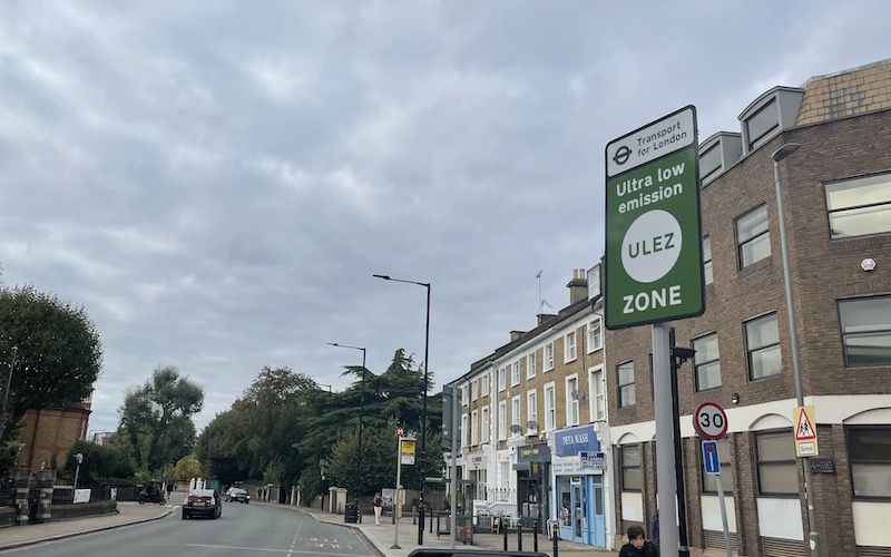 A green ultra low emission zone sign on Upper Richmond Road