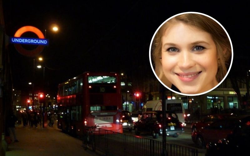 Sarah Everard against a background of a London street at night