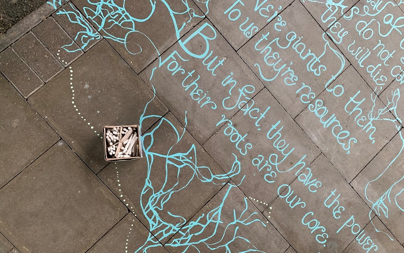 A close-up of the pavement section of the climate mural on which blue roots have been marked. The lines "They will die. We're giants to them, to us they're resources. But in fact, they have the power for their roots are our core" are written in blue.