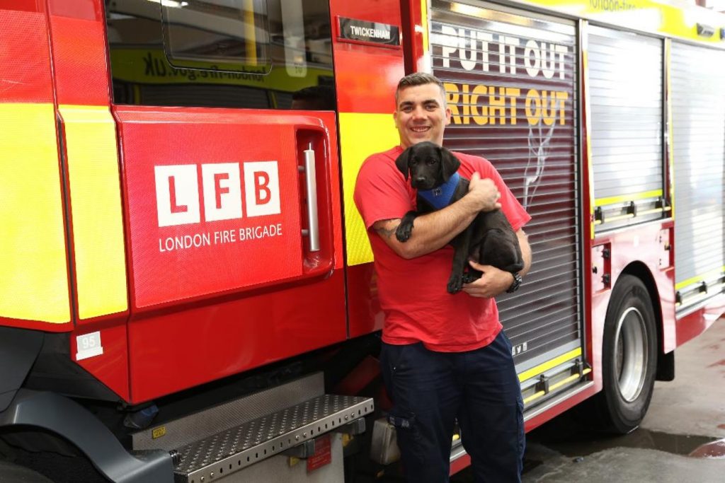 Rob Parson holding Opie, a small black Labrador, in front of a fire engine at Twickenham Fire Station 