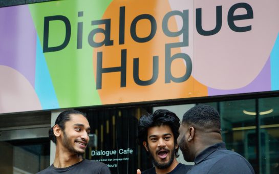 Staff members outside the Dialogue Hub