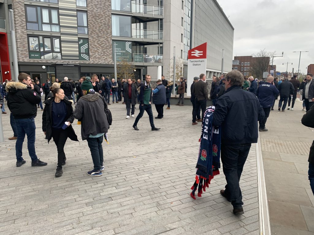 People gather outside Twickenham Station ahead of kick-off between England and South Africa