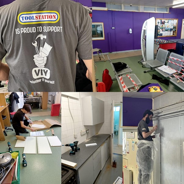 collage of tool station uniform and volunteers refurbishing the centre.