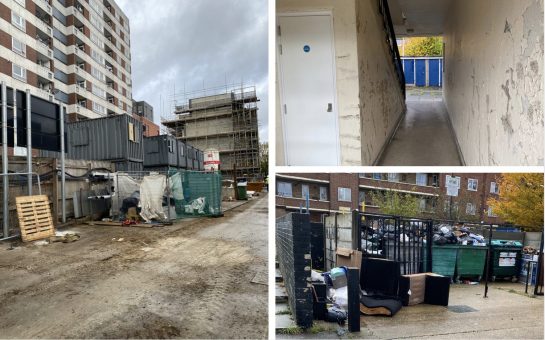 Construction work, dumped rubbish and dilapidated frontages: High Path Estate, South Wimbledon