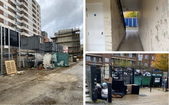 Construction work, dumped rubbish and dilapidated frontages: High Path Estate, South Wimbledon