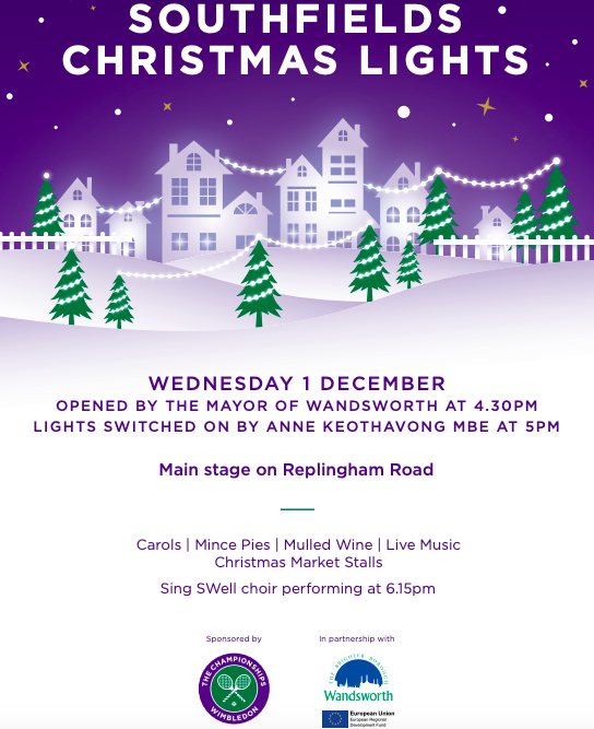 A flyer for the Southfields Christmas Lights event