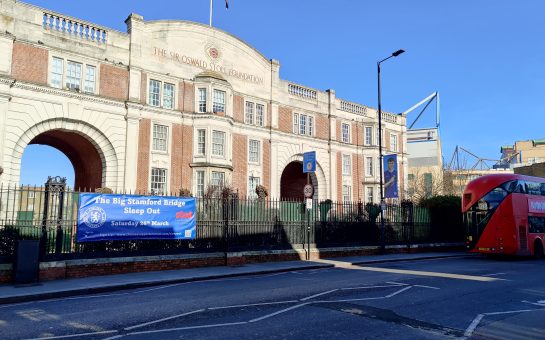 Stoll Foundation's centre on Fulham Broadway with Chelsea FC's Stamford Bridge Stadium