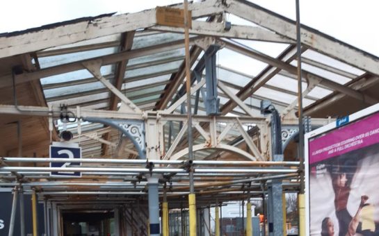 Scaffolding surrounds the station roof