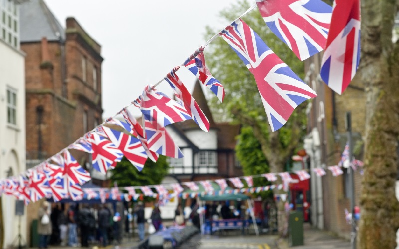 Street party with union jack flags hanging