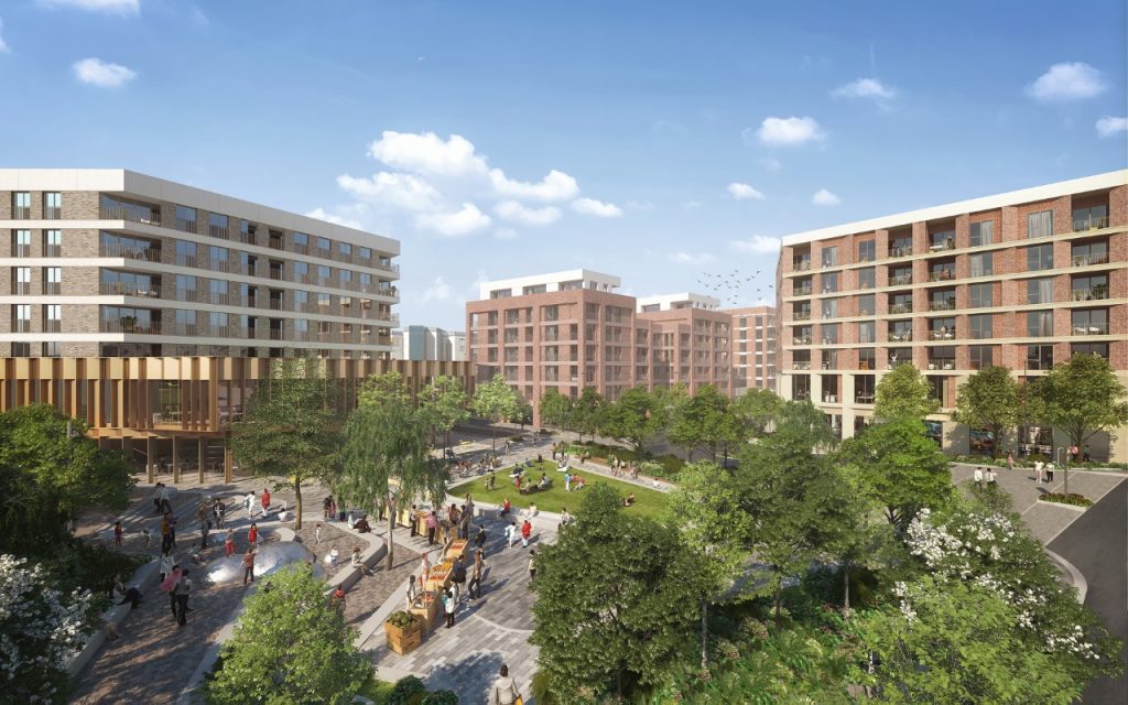 CGI visualisation of the yet-to-be completed Alton estate, showing blocks of flats and greenery