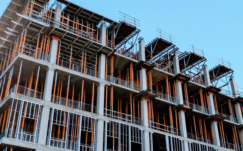 A building under construction with scaffolding.