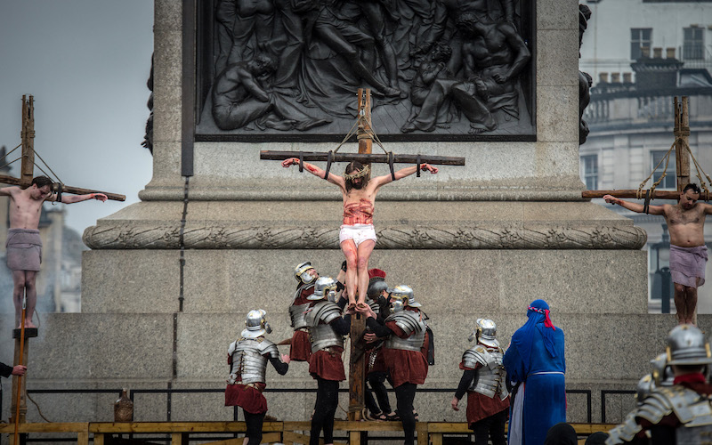 Jesus is crucified at a passion play in Trafalgar Square, London