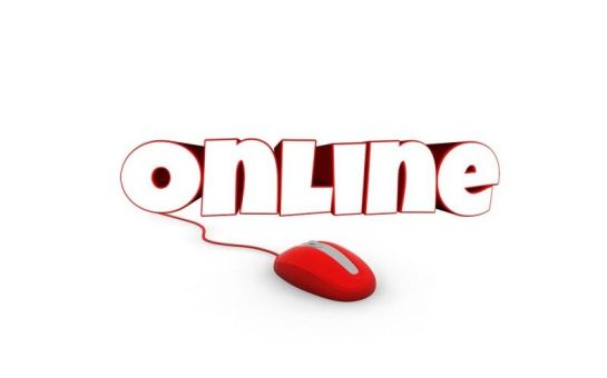 a bubbled text saying online