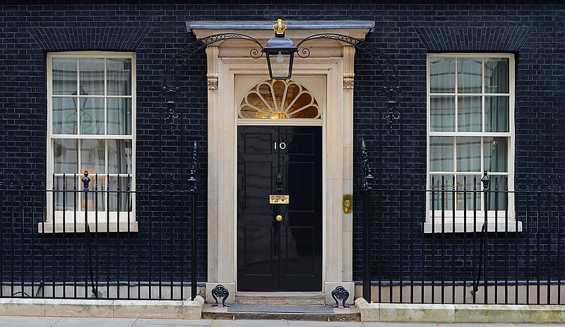 A photo of the famous black door to No. 10