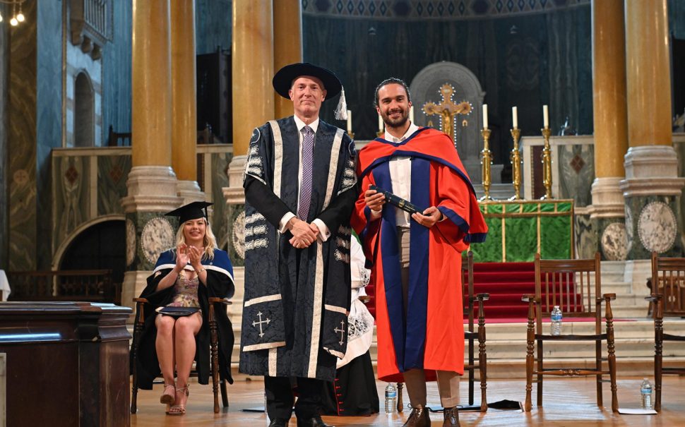 St Mary's vice-chancellor Anthony McClaran and Joe Wicks