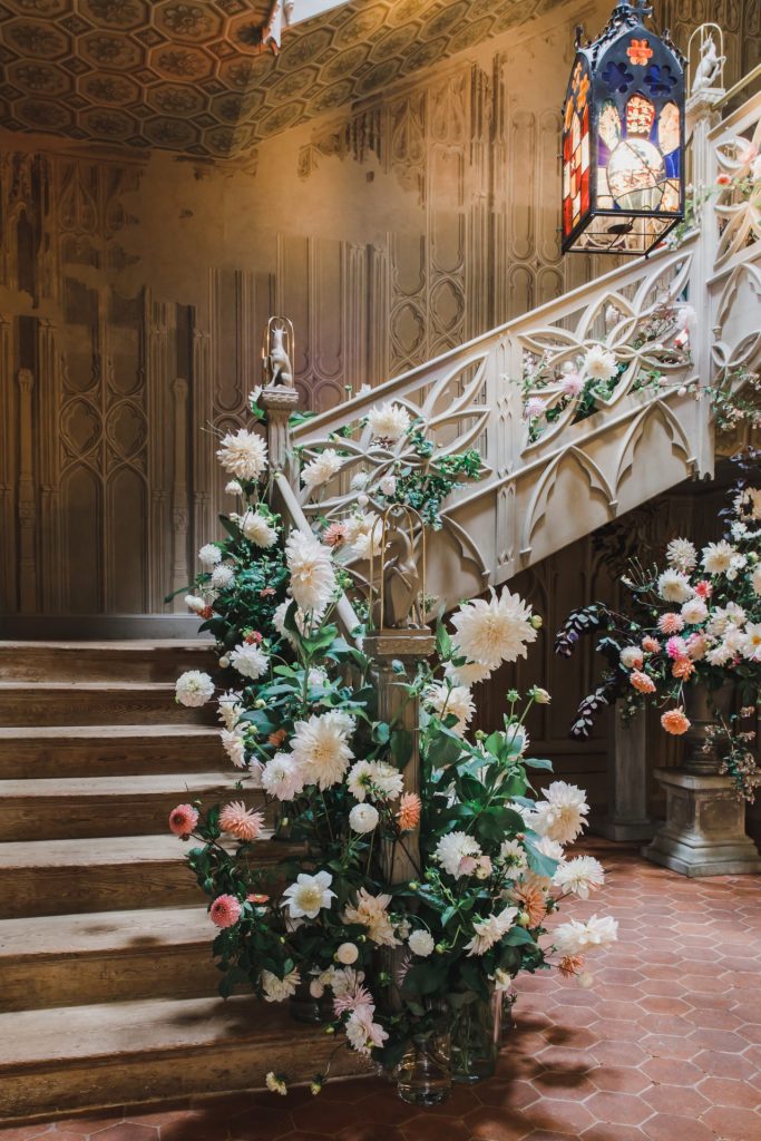 Staircase by Leigh Chappell Flowers and Janne Ford with flowers from Just Dahlias.