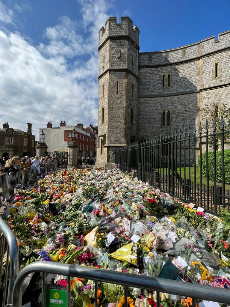 Piles and piles of flowers left by the public mourning Queen Elizabeth II in Windsor.