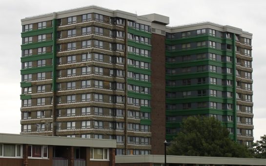 Tower block with cladding exposed