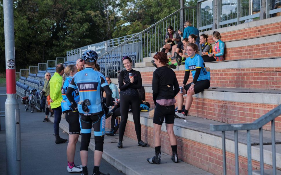 Cyclists prepare outside Herne Hill Velodrome