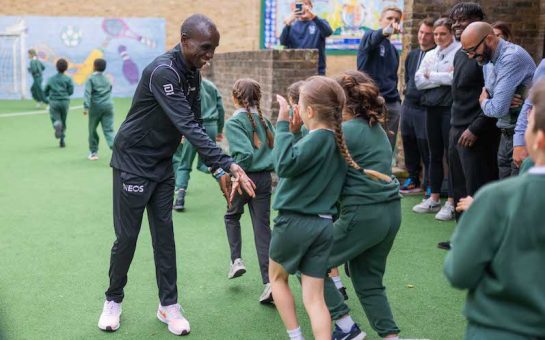 Olympic Champion, Eliud Kipchoge taking part in sports activities with school children at St Saviour’s C.E. Primary School