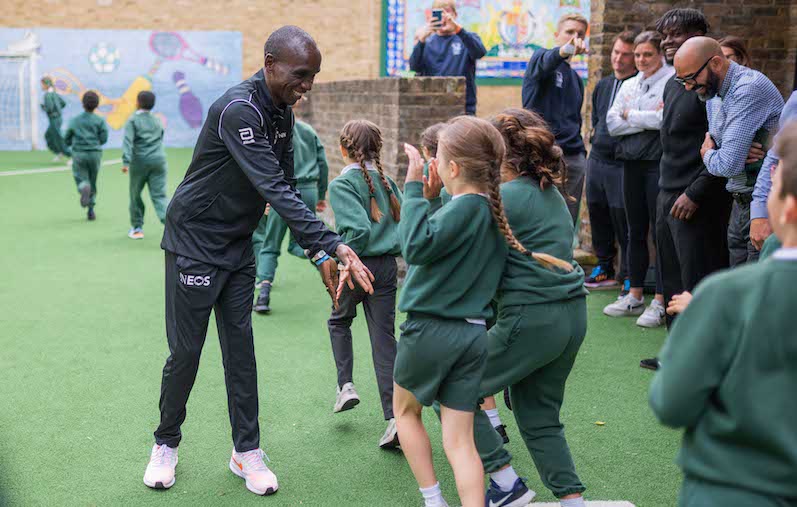 Olympic Champion, Eliud Kipchoge taking part in sports activities with school children at St Saviour’s C.E. Primary School