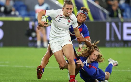 Claudia MacDonald of England is tackled during the Pool C Rugby World Cup 2021 match between France and England