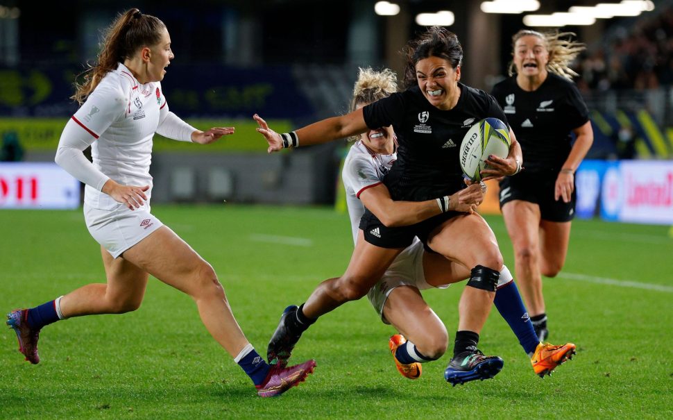 Stacey Fluhler of New Zealand is tackled during the Rugby World Cup 2021 Final match between New Zealand and England