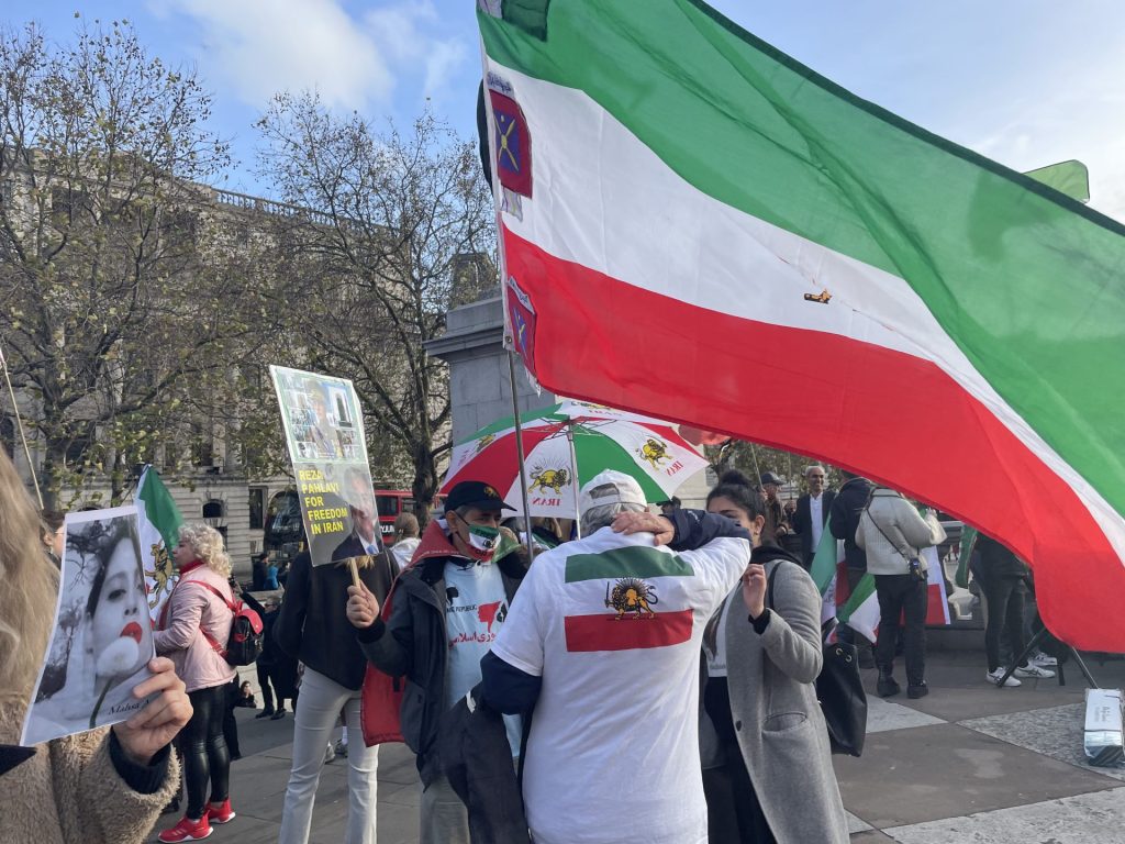Protestor holding Iranian flag 
