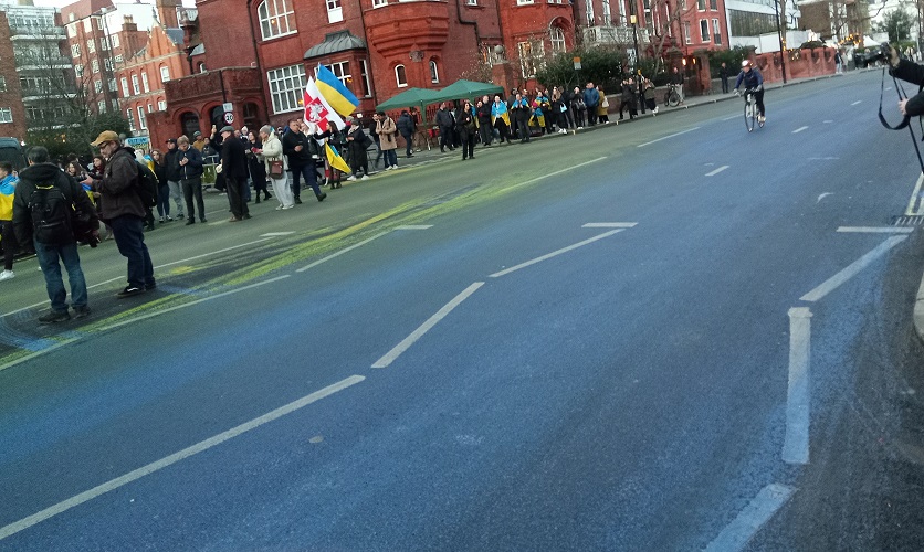 Bayswater Road, marked with yellow and blue in remembrance of the Ukraine war beginning one year ago