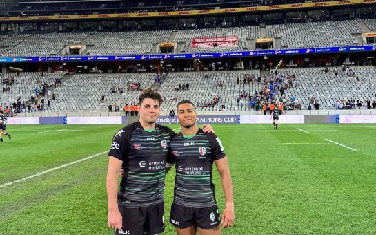 London Irish back rower Josh Basham with team mate Ben Loader