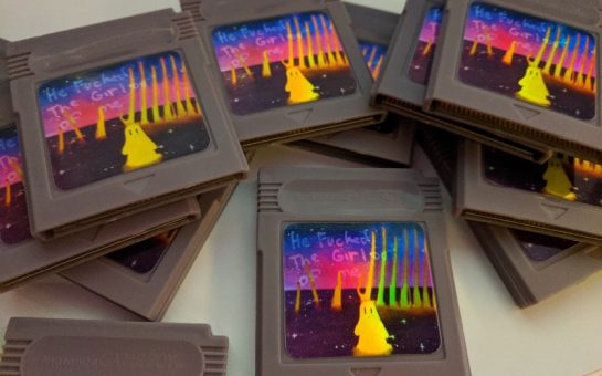 GameBoy cartridges programmed with 'He F****ed the Girl Out of Me'