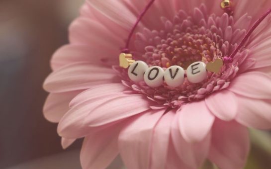 Pink flower with love written in the centre