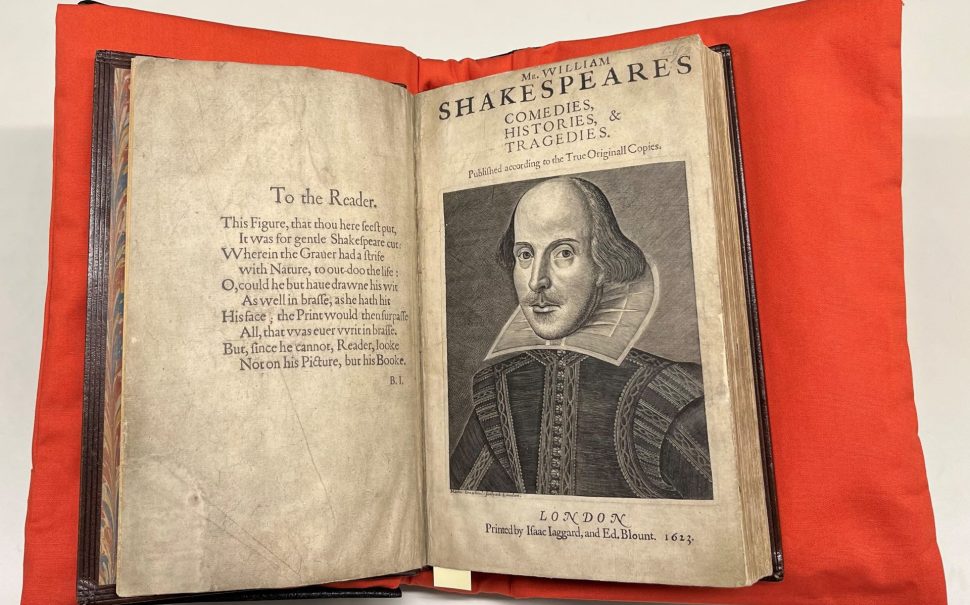 Shakespeare's First Folio on a red cushion