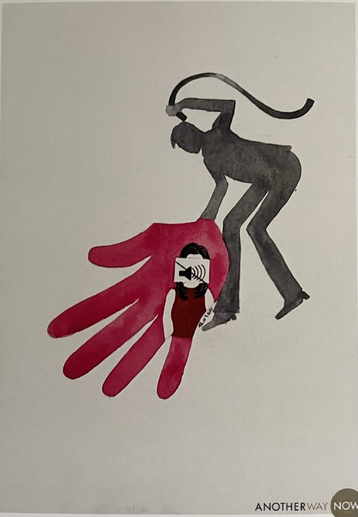 A piece of Farida's art showing a painted silhouette of a man holding a whip, with an enlarged red hand with the profile a woman painted on the hand. The woman has a mute button painted across her face. 