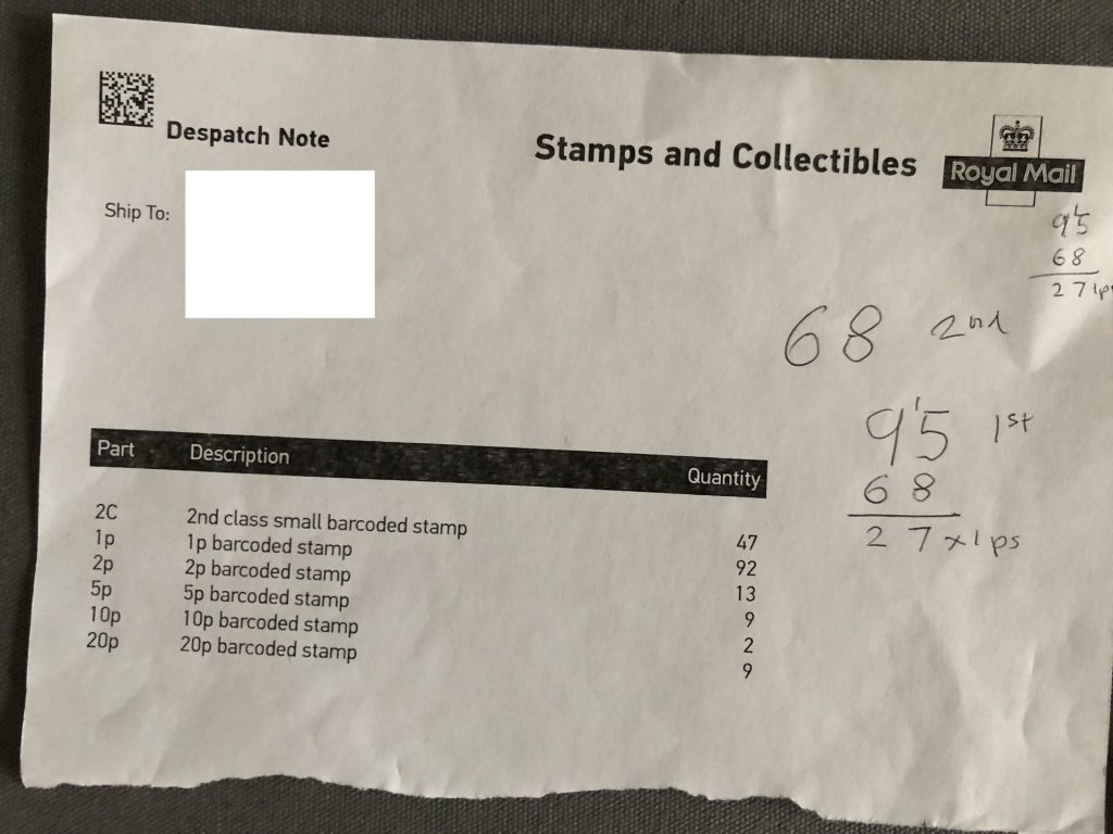A break down of the amount of stamps given in each denomination: 
47 2nd class
92 one pence 
13 two pence 
9 five pence
2 10 pence 
9 20 pence
