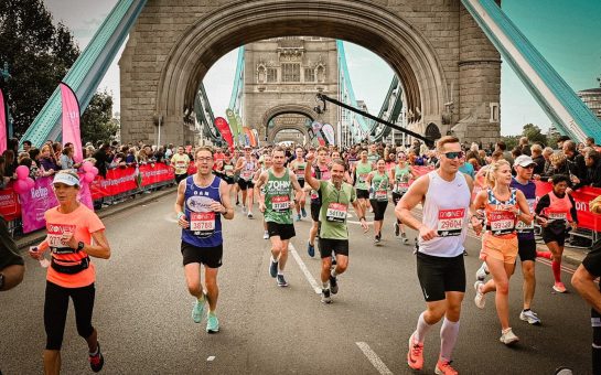 2021 London Marathon, runners crossing Tower Bridge.