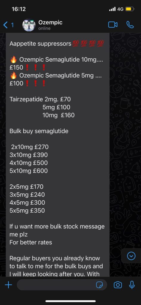 A screenshot of a WhatsApp conversation where the seller is presenting a menu of his semaglutide products