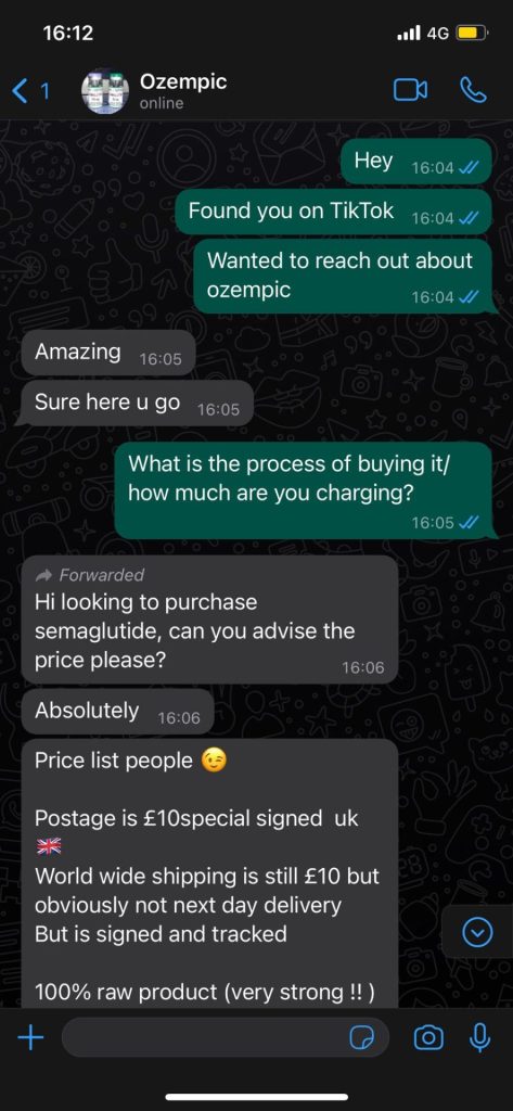 A screenshot of a WhatsApp conversation with an unregulated TikTok Ozempic seller 