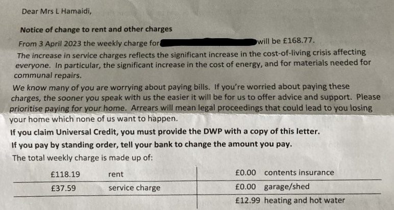 A bill from Poplar HARCA after the service charge increase. The total bill is £168.77, including a service charge of £37.59.