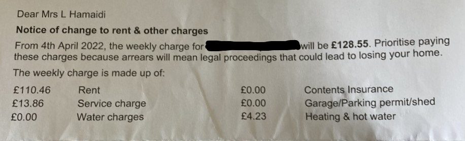 A bill from Poplar HARCA before the service charge increase. The total bill is £128.55, including a service charge of £13.86.